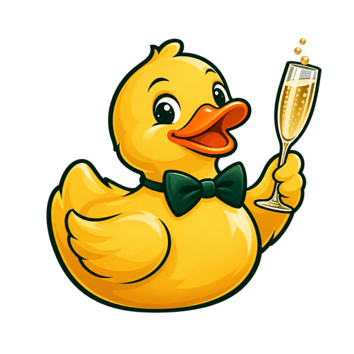 AI-generated yellow rubber duck in a green bow tie raising a Champagne flute