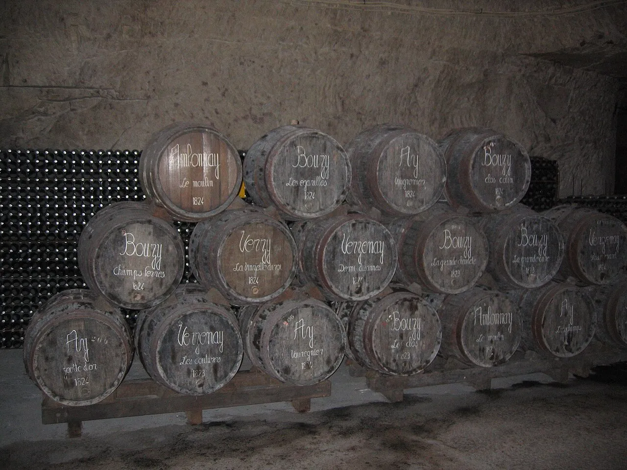 Wine barrels in the Veuve Clicquot cellars in Reims
